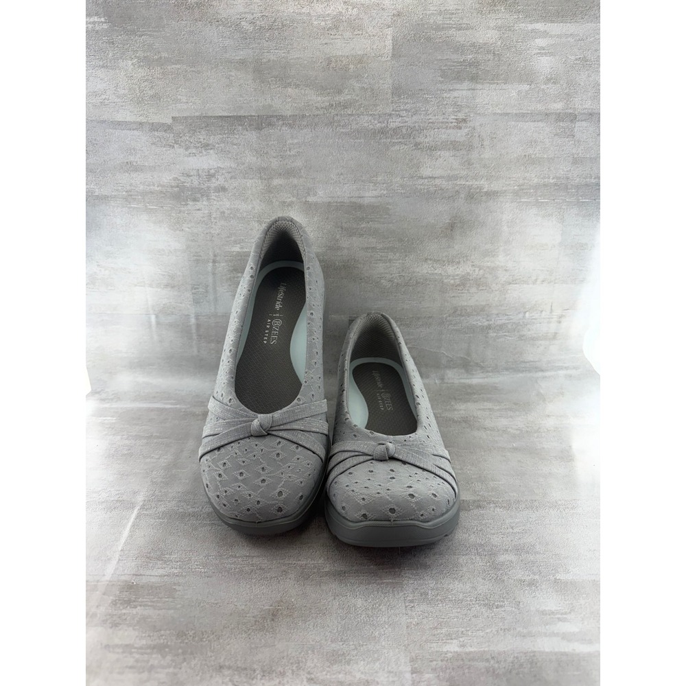 LifeStride BZees Air Step Gray Eyelet Bow Slip On Wedge Shoes Women Sz 7.5W GEM2